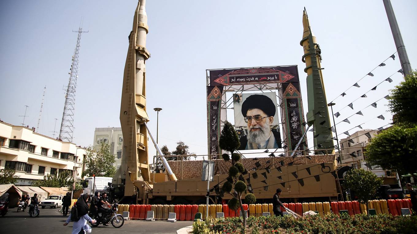 Iranian ballistic missiles Sejjil and Qadr-H are on display at Baharestan Square