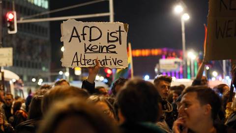 A protestor holds a banner translating 'AFD Is Not An Alternative' 