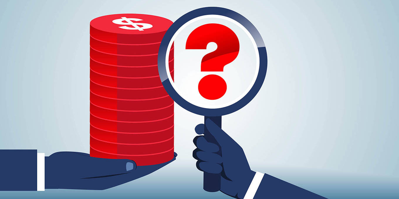 Illustration of a pile of money with a magnifiying glass over it with a question mark inside.