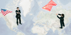 Businessmen standing on world map, waving American and Chinese flags