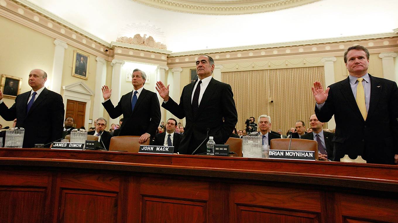 Lloyd Blankfein, CEO of Goldman Sachs Group, James Dimon, CEO of JPMorgan Chase, John Mack, chairman of the Board of Morgan Stanley; Brian Moynihan, CEO and president of the Bank of America Corporation