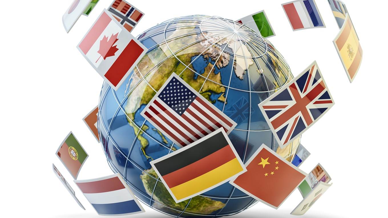 National flags of world countries around Earth globe