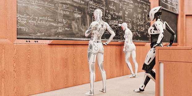 Robot women solving equations on blackboard